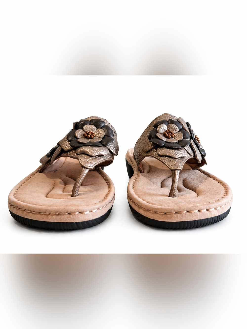 Clarks Artisan Floral Leather Wedge l Sandals Sz.8.5 Taupe Comfort Boho Casual - Picture 5 of 16